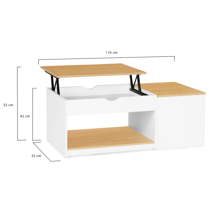 Table basse 2 plateaux relevables EYLA avec coffre bois blanc et façon hêtre