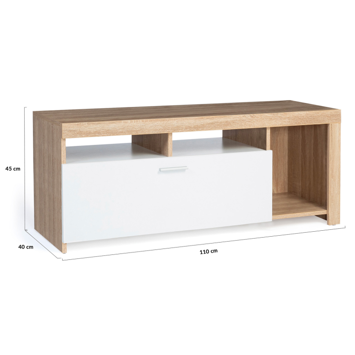 Meuble TV 110 cm MALO bois et placard blanc