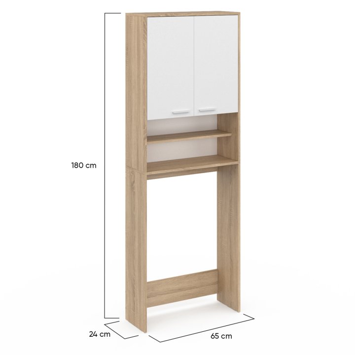 Meuble étagères de rangement dessus machine à laver et WC WALLIS blanc et hêtre