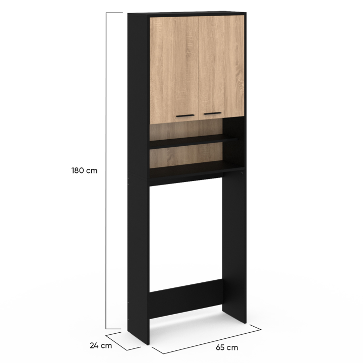 Meuble étagères de rangement dessus machine à laver et WC WALLIS noir et hêtre