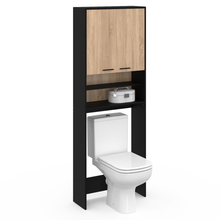 Meuble étagères de rangement dessus machine à laver et WC WALLIS noir et hêtre