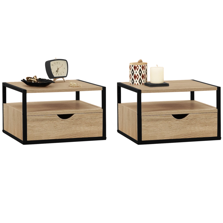 Lot de 2 tables de chevet suspendu DETROIT 1 tiroir + 1 tablette design industriel