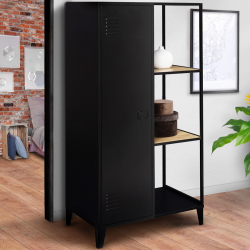 Armoire-étagère penderie ESTER 1 porte métal noir et plateaux bois design industriel