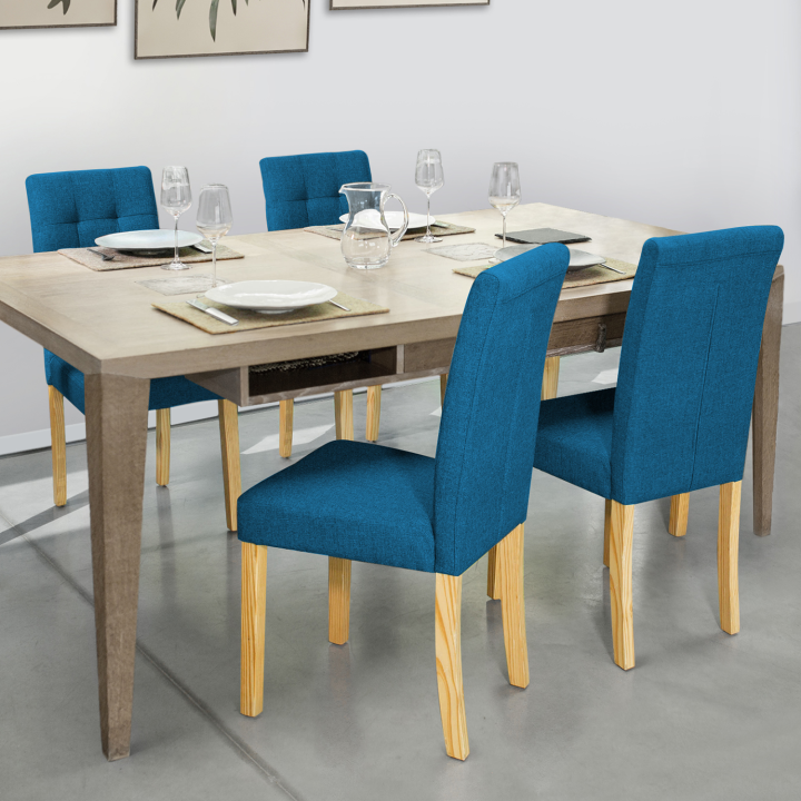 Lot de 4 chaises POLGA capitonnées bleu canard pour salle à manger