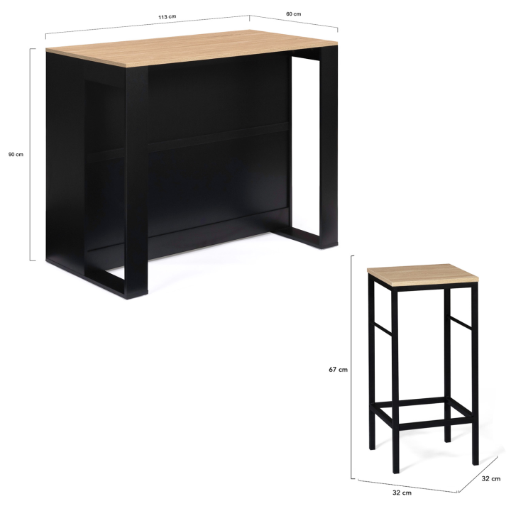 Ensemble table de bar ilot JUNO bois noir avec plateau hêtre et 2 tabourets DETROIT