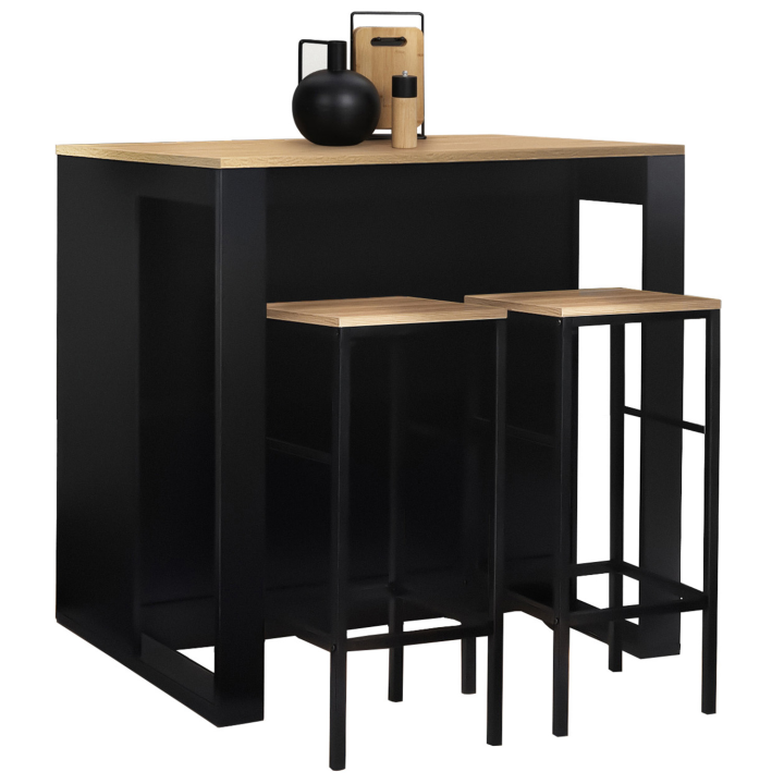 Ensemble table de bar ilot JUNO bois noir avec plateau hêtre et 2 tabourets DETROIT