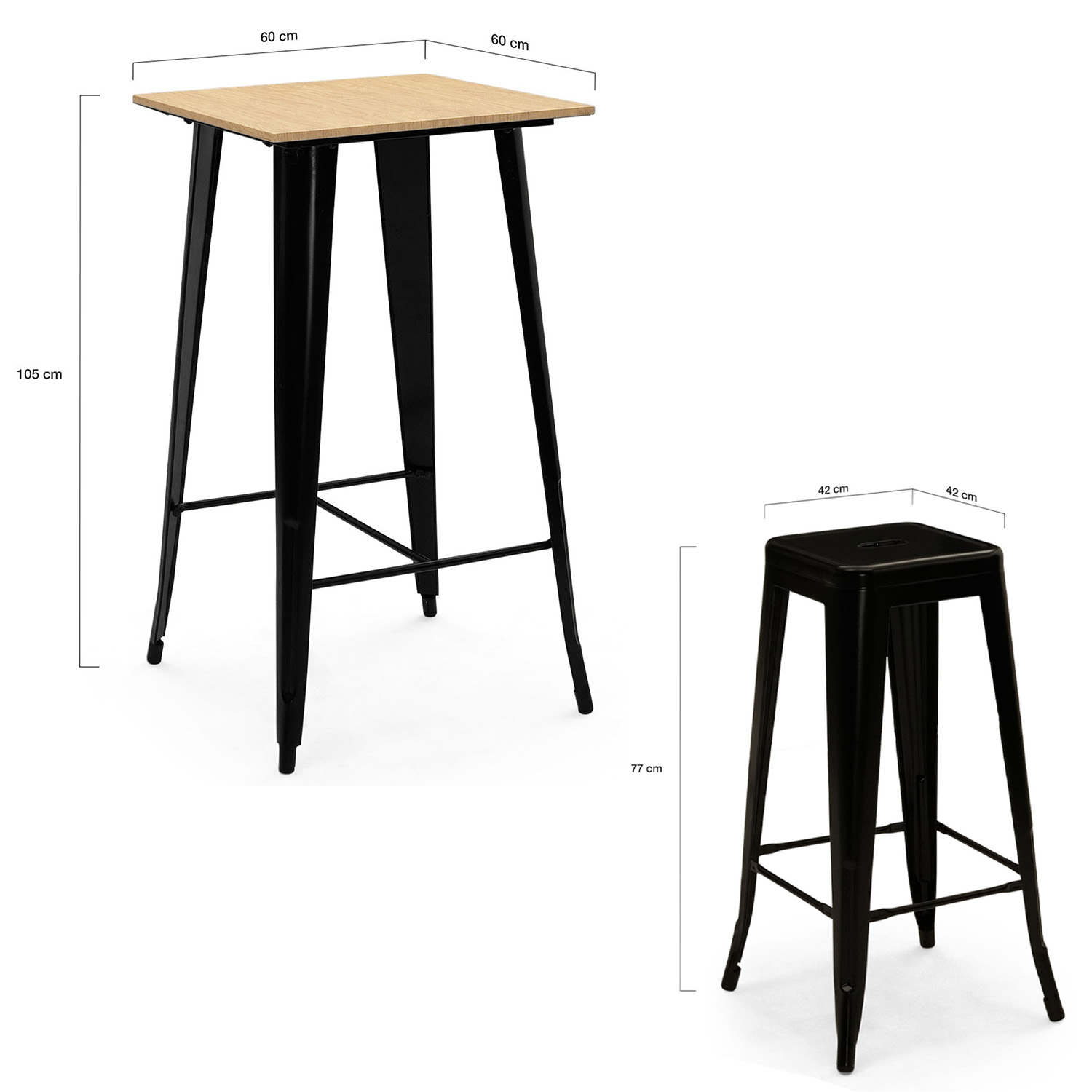 Ensemble table haute pliante et 4 tabourets - Noir mat et chêne - Bois et  métal - Table L 80 x H 89 x P 40-80 cm
