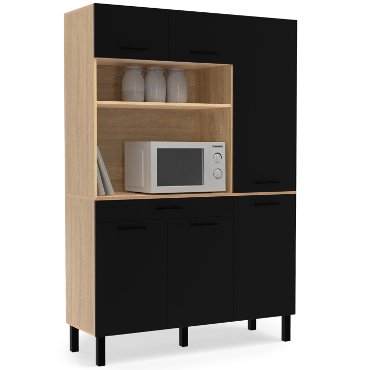 Buffet de cuisine 120 CM CINA meuble avec colonne structure façon hêtre  6 portes noires + tiroir