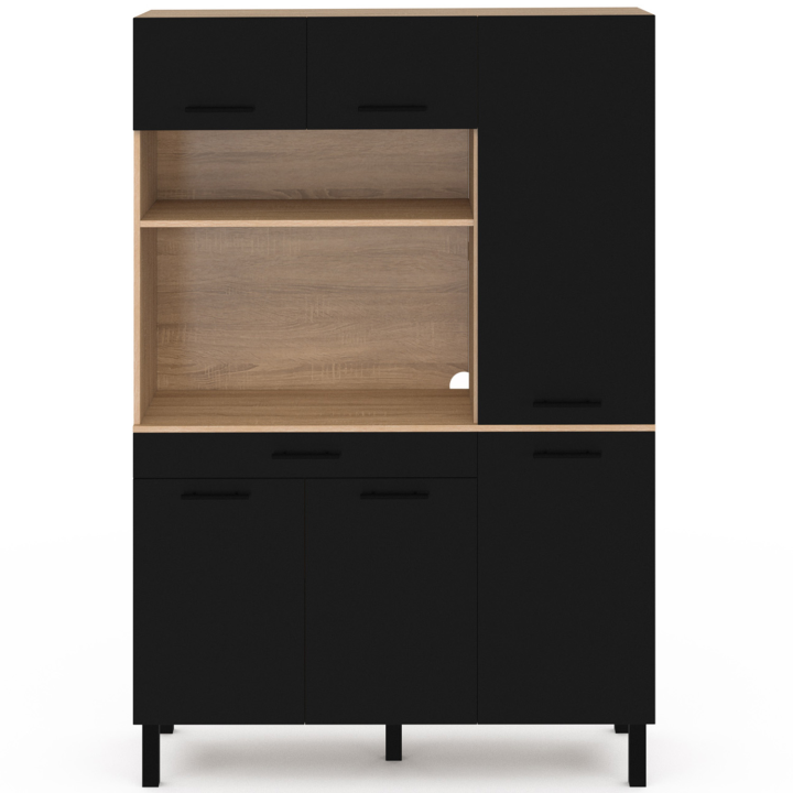 Buffet de cuisine 120 CM CINA meuble avec colonne structure façon hêtre  6 portes noires + tiroir