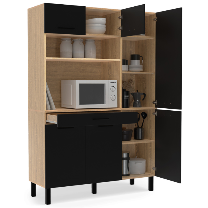 Buffet de cuisine 120 CM CINA meuble avec colonne structure façon hêtre  6 portes noires + tiroir