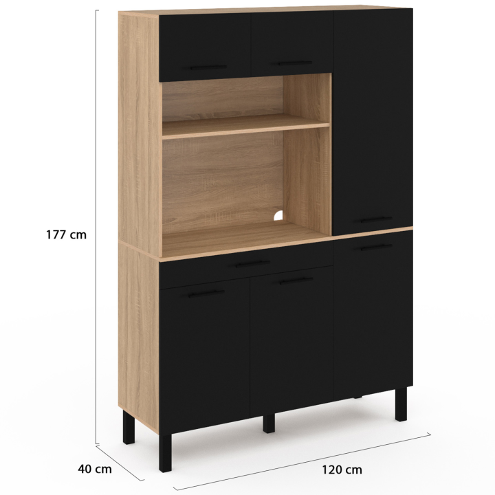 Buffet de cuisine 120 CM CINA meuble avec colonne structure façon hêtre  6 portes noires + tiroir