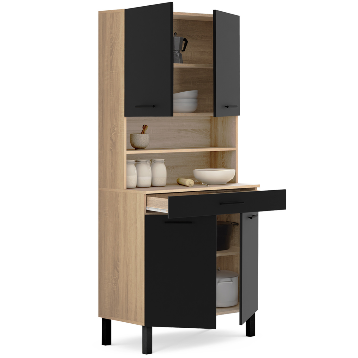 Buffet de cuisine 80 CM CINA structure façon hêtre 4 portes noires  + tiroir