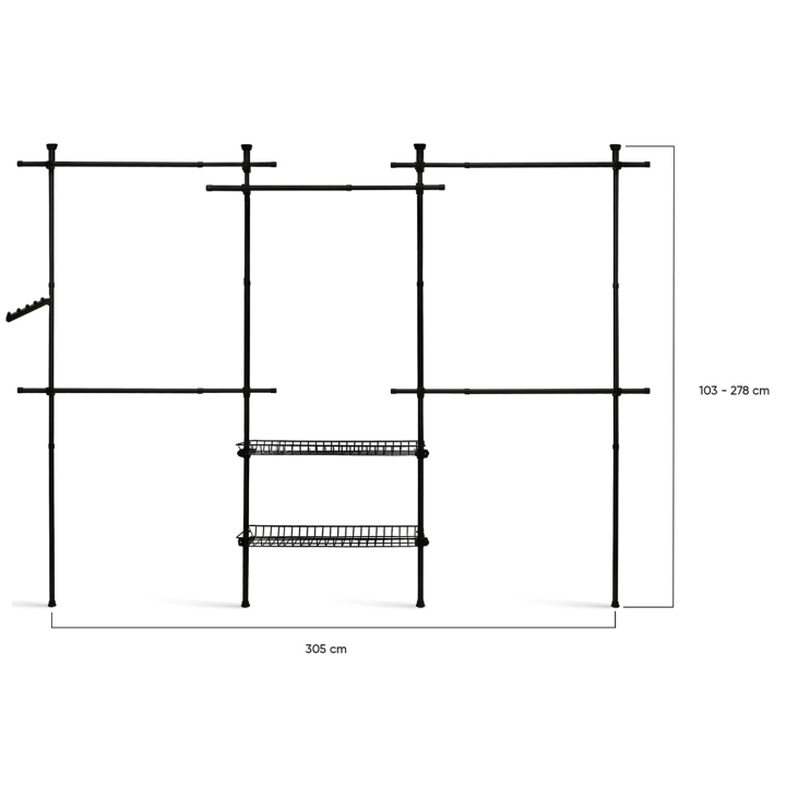 Dressing penderie télescopique extensible ELIOT 209/305 cm 5 penderies + 2 paniers en métal noir