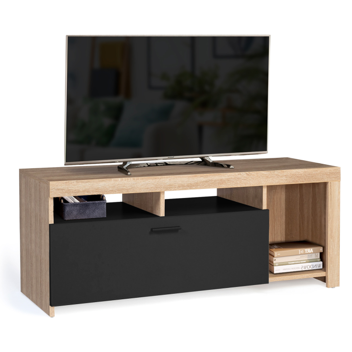 Meuble TV 110 cm MALO bois et placard noir