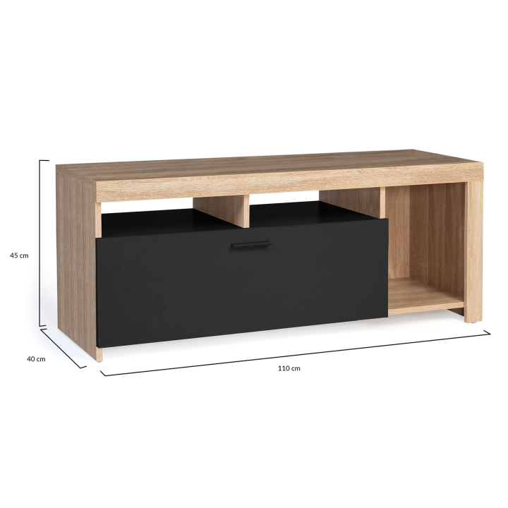 Meuble TV 110 cm MALO bois et placard noir