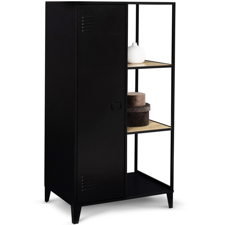 Armoire-étagère penderie ESTER 1 porte métal noir et plateaux bois design industriel