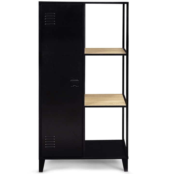 Armoire-étagère penderie ESTER 1 porte métal noir et plateaux bois design industriel