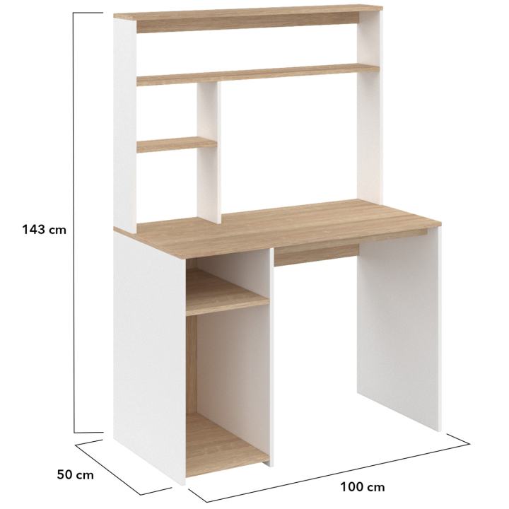 Bureau avec étagères de rangement DAN blanc et façon hêtre