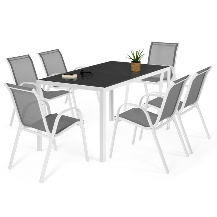 Salon de jardin MADRID table 150 CM et 6 chaises empilables structure blanche plateau gris