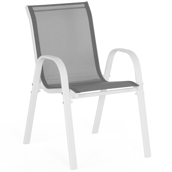 Salon de jardin MADRID table 150 CM et 6 chaises empilables structure blanche plateau gris