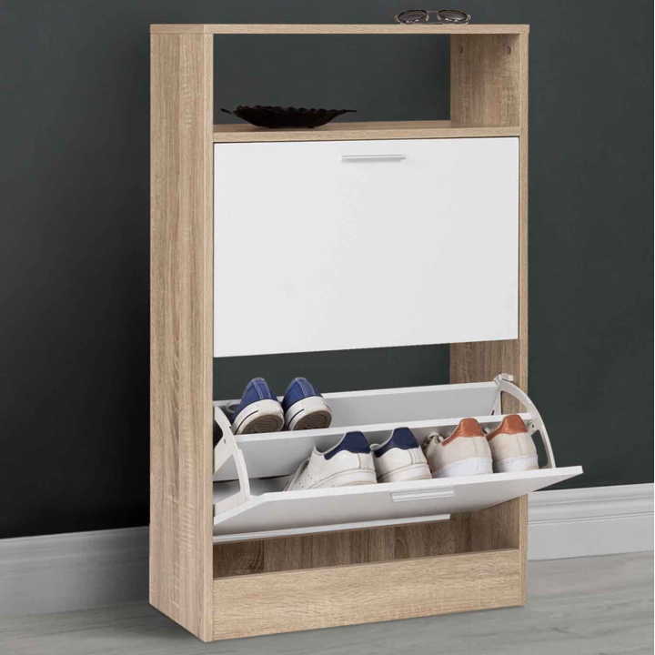 Mueble zapatero con estante imitación haya, 2 puertas blancas - KLARK | ID Market