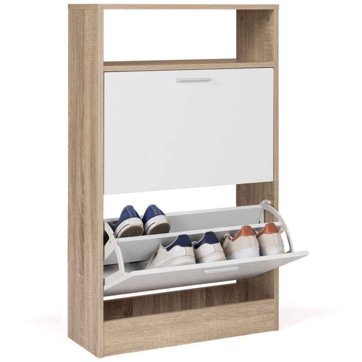 Mueble zapatero con estante imitación haya, 2 puertas blancas - KLARK | ID Market