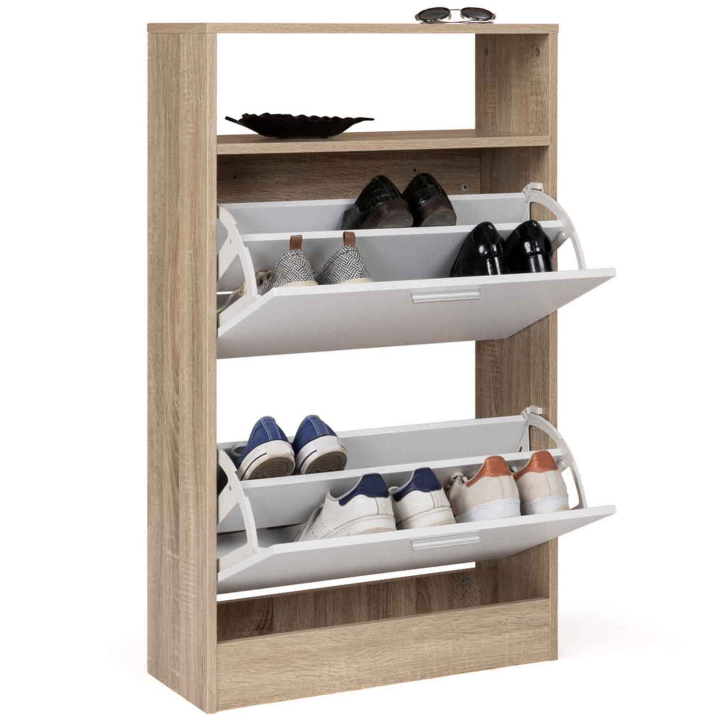 Mueble zapatero con estante imitación haya, 2 puertas blancas - KLARK | ID Market