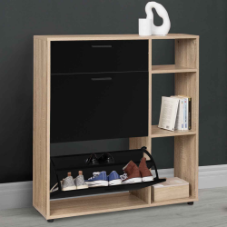 Mueble zapatero con estantes imitación haya, puertas y cajón negros - KLARK | ID Market