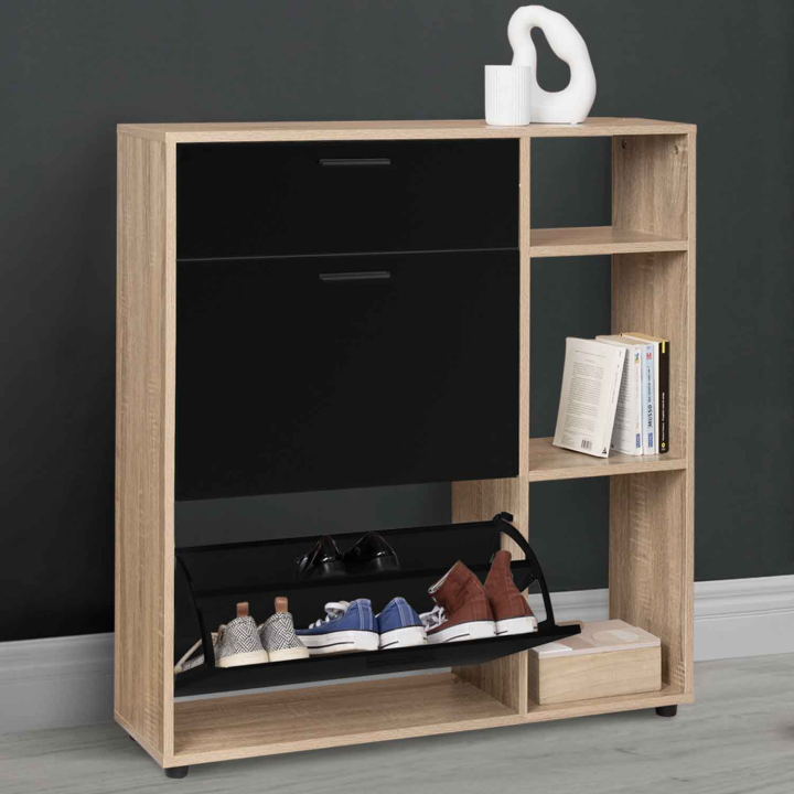 Mueble zapatero con estantes imitación haya, puertas y cajón negros - KLARK | ID Market