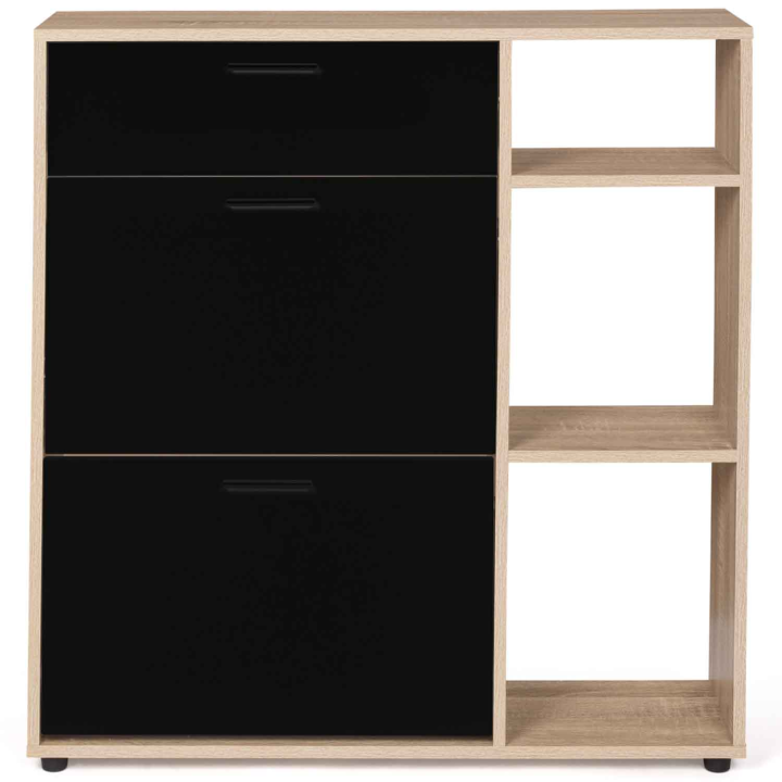 Mueble zapatero con estantes imitación haya, puertas y cajón negros - KLARK | ID Market