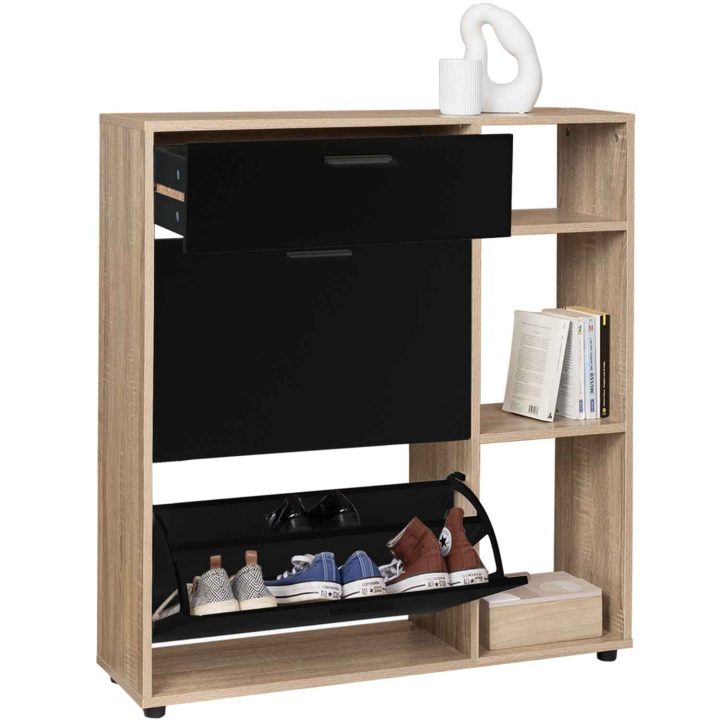 Mueble zapatero con estantes imitación haya, puertas y cajón negros - KLARK | ID Market