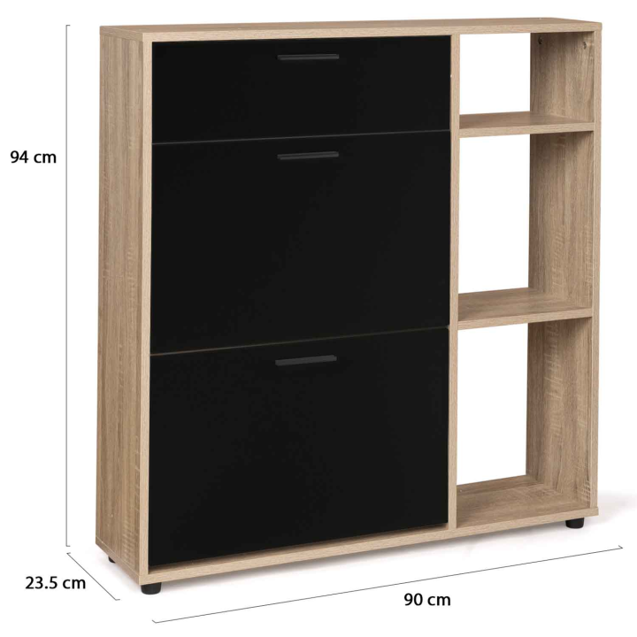 Mueble zapatero con estantes imitación haya, puertas y cajón negros - KLARK | ID Market