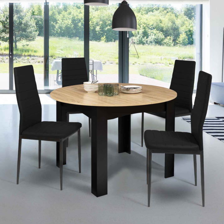 Table à manger extensible ronde DONA 4-6 personnes noire plateau façon hêtre 120-160 cm