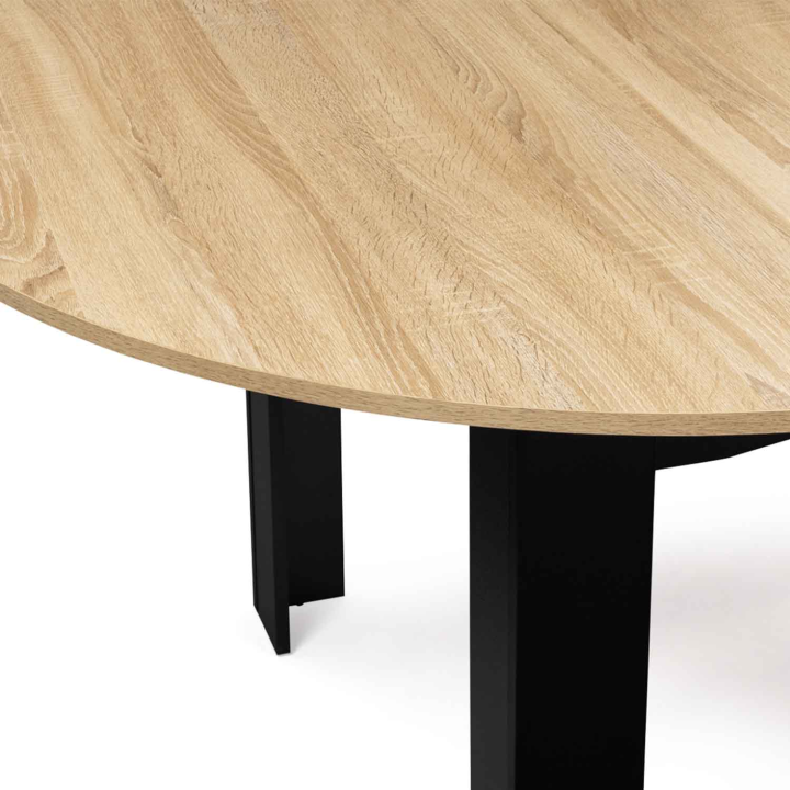 Table à manger extensible ronde DONA 4-6 personnes noire plateau façon hêtre 120-160 cm