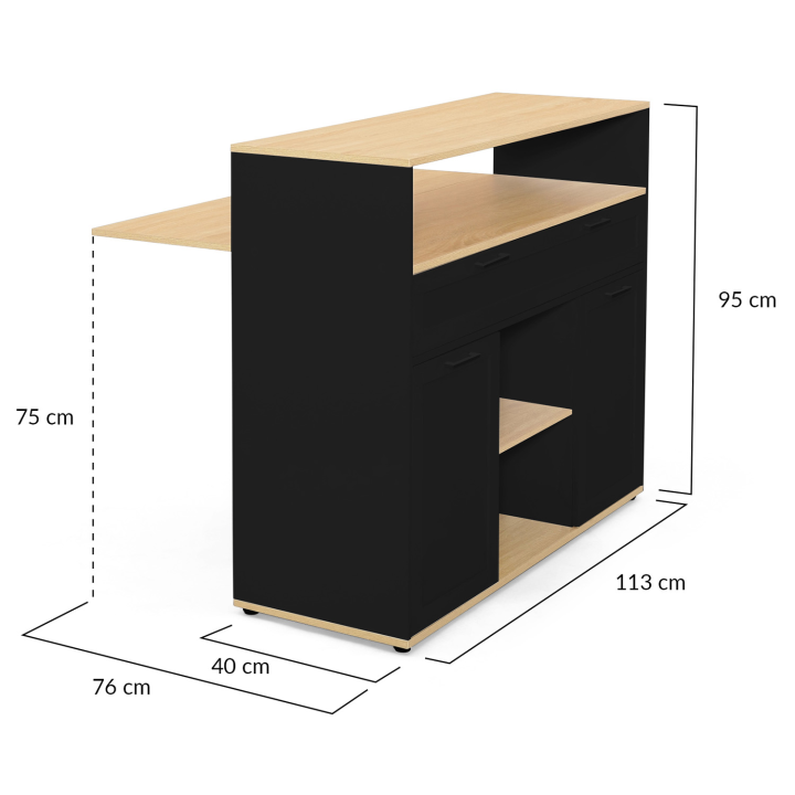 Meuble de bar extensible en table à manger 2 personnes VITO noir et plateau bois