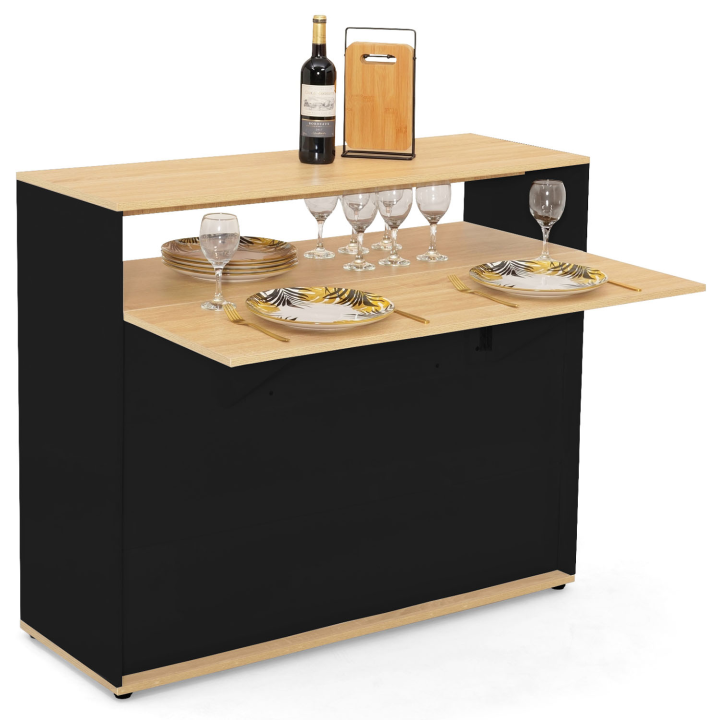 Meuble de bar extensible en table à manger 2 personnes VITO noir et plateau bois