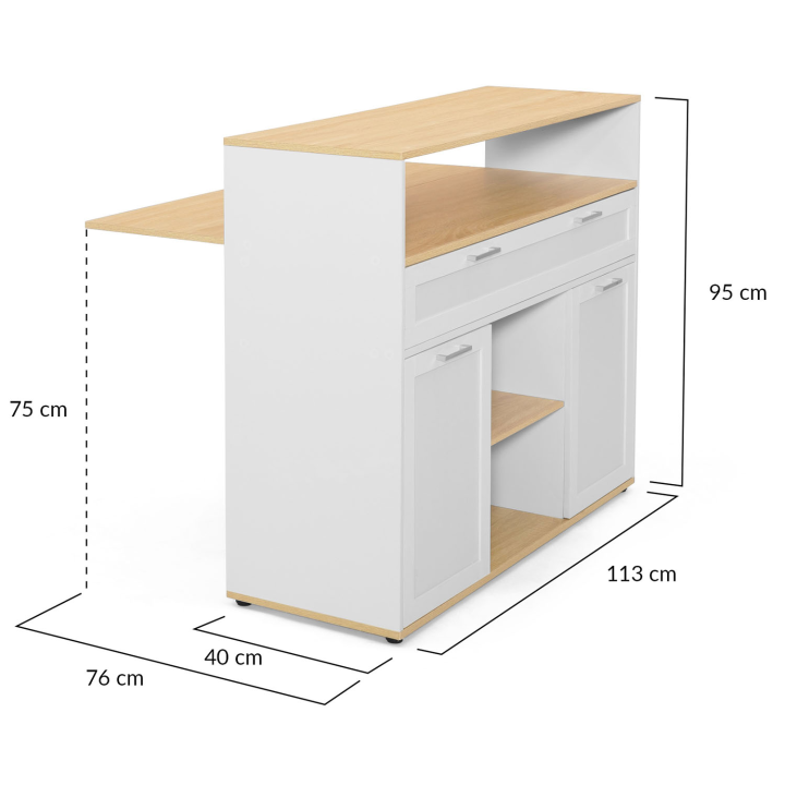 Meuble de bar extensible en table à manger 2 personnes VITO blanc et plateau bois