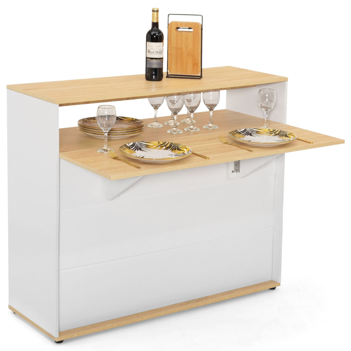 Meuble de bar extensible en table à manger 2 personnes VITO blanc et plateau bois