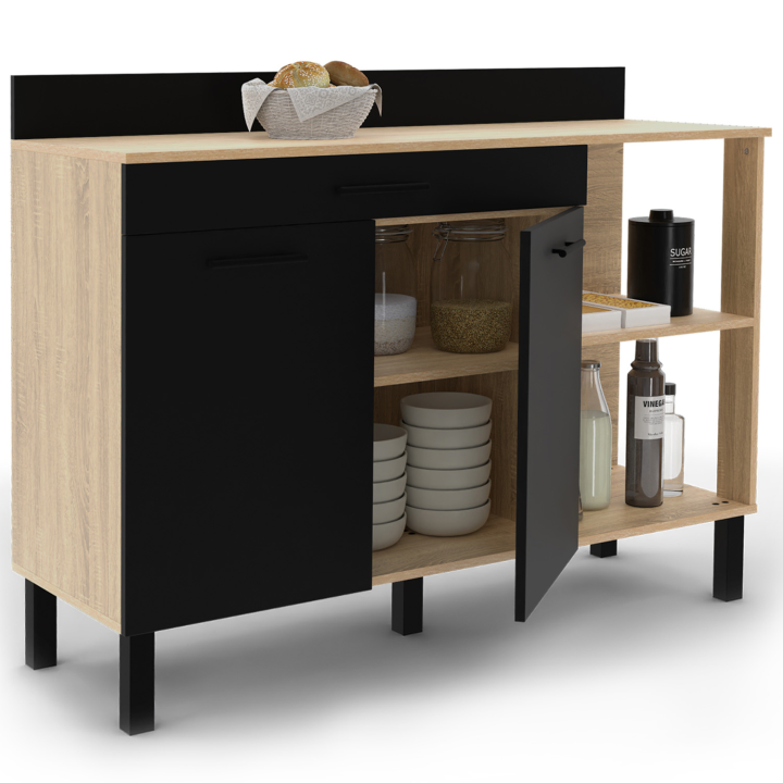 Buffet bas de cuisine 120 CM CINA plan de travail H.83 CM structure façon hêtre 2 portes noires + tiroir