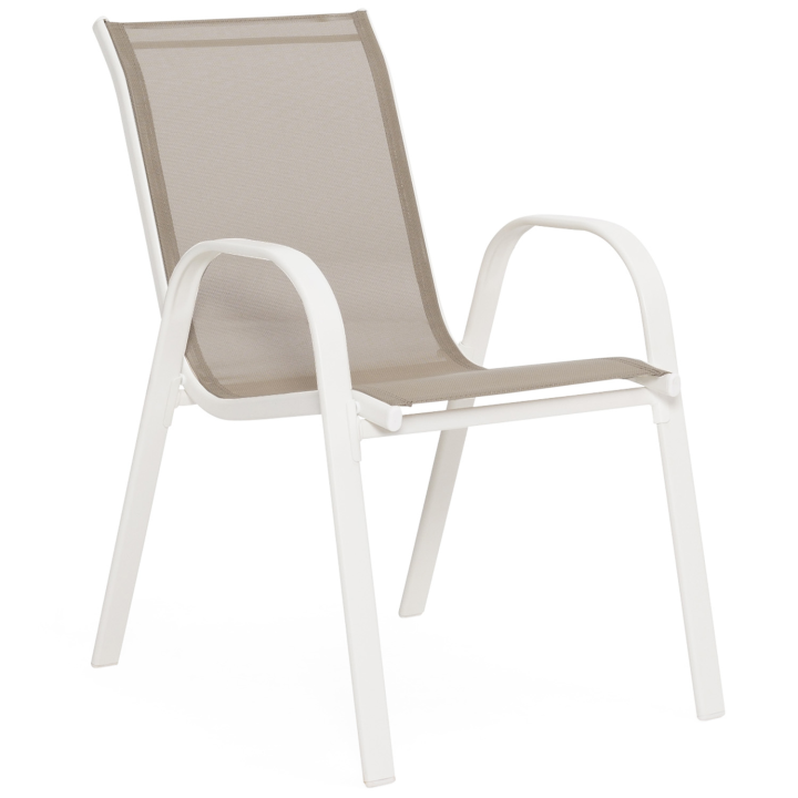 Salon de jardin MADRID table 190 cm et 8 chaises empilables blanc et beige