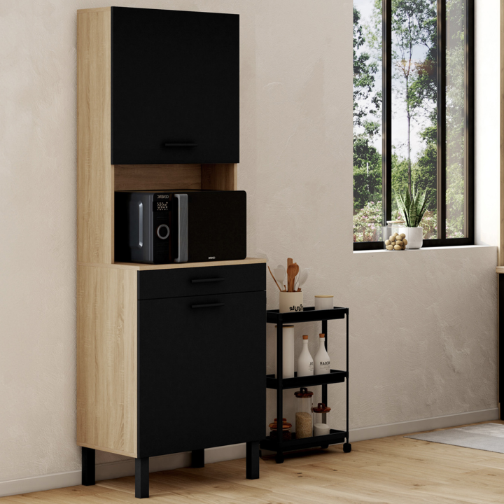 Buffet de cuisine 60 CM CINA structure façon hêtre 2 portes noires + tiroir