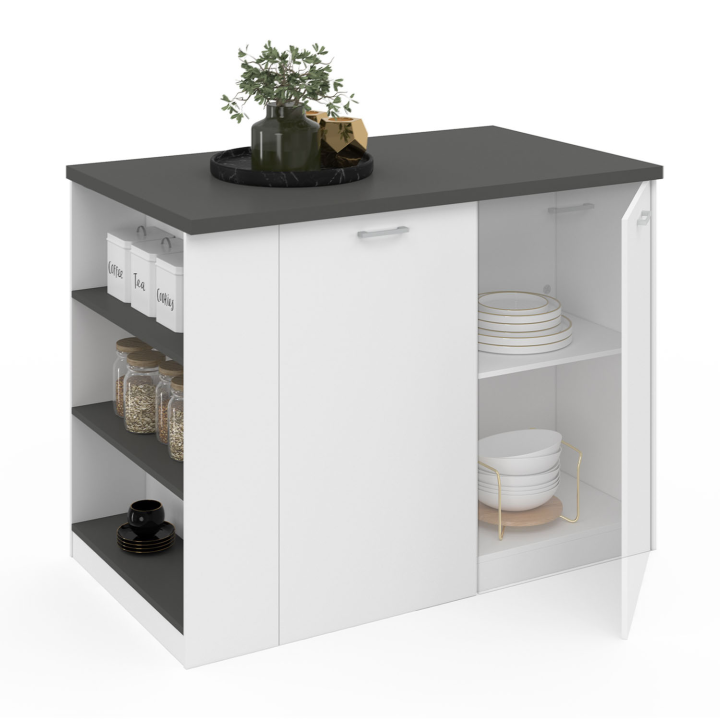 Ilot central TIBO 120 cm bois blanc avec plan de travail gris anthracite