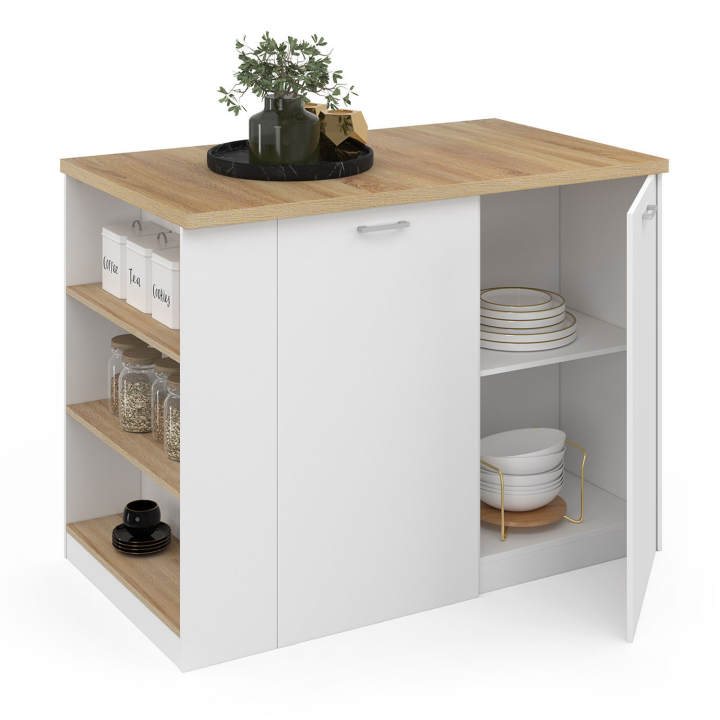 Ilot central TIBO 120 cm bois blanc avec plan de travail façon hêtre