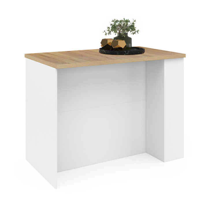 Ilot central TIBO 120 cm bois blanc avec plan de travail façon hêtre