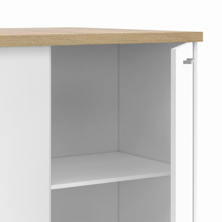 Ilot central TIBO 120 cm bois blanc avec plan de travail façon hêtre