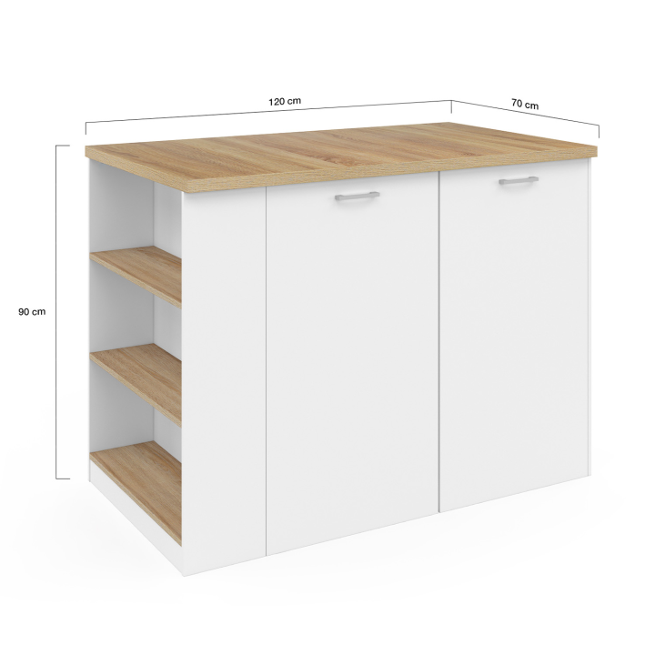 Ilot central TIBO 120 cm bois blanc avec plan de travail façon hêtre