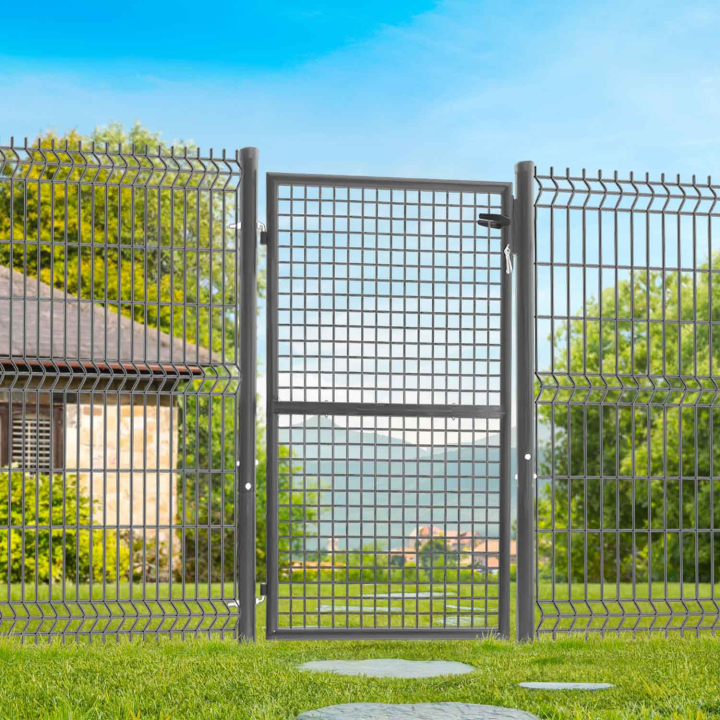 Portillon de jardin 105 x 150 cm en acier gris anthracite avec serrure et poignée