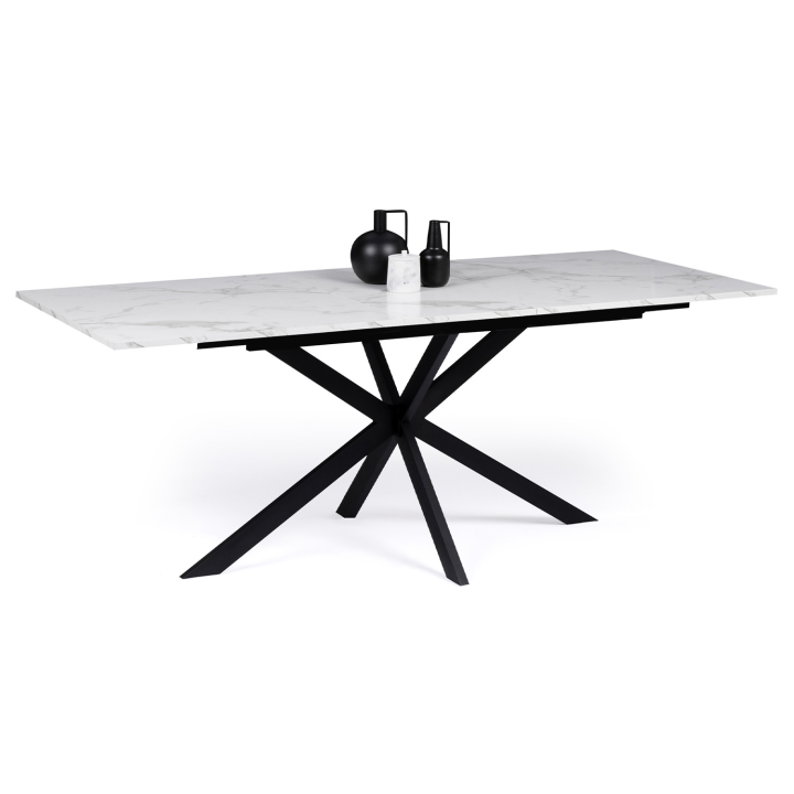 Table à manger extensible rectangle ALIX 6-10 personnes pied araignée métal noir plateau effet marbre blanc ALASKA 160-200 cm