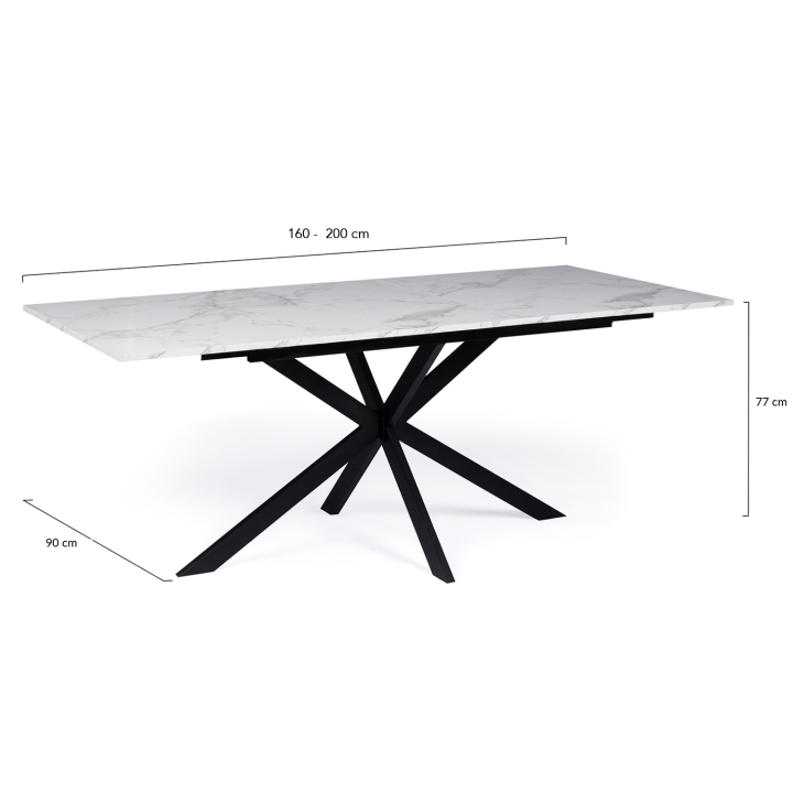 Table à manger extensible rectangle ALIX 6-10 personnes pied araignée métal noir plateau effet marbre blanc ALASKA 160-200 cm