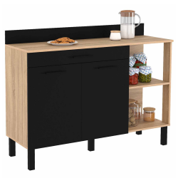 Cómoda de cocina baja 120cm puertas de madera de haya + cajón negro - CINA | ID Market